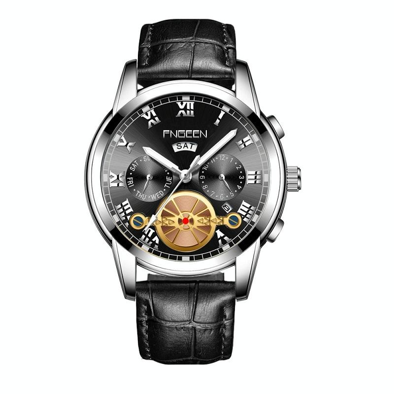 Men Multi-function Quartz Watch - Black Leather Band White Steel Face