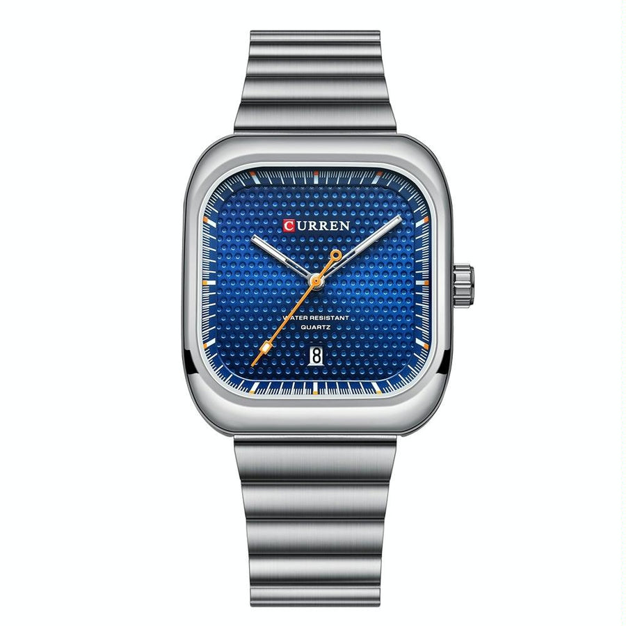 Men Square Steel Strap Quartz Watch - Casual Style - White Shell Blue