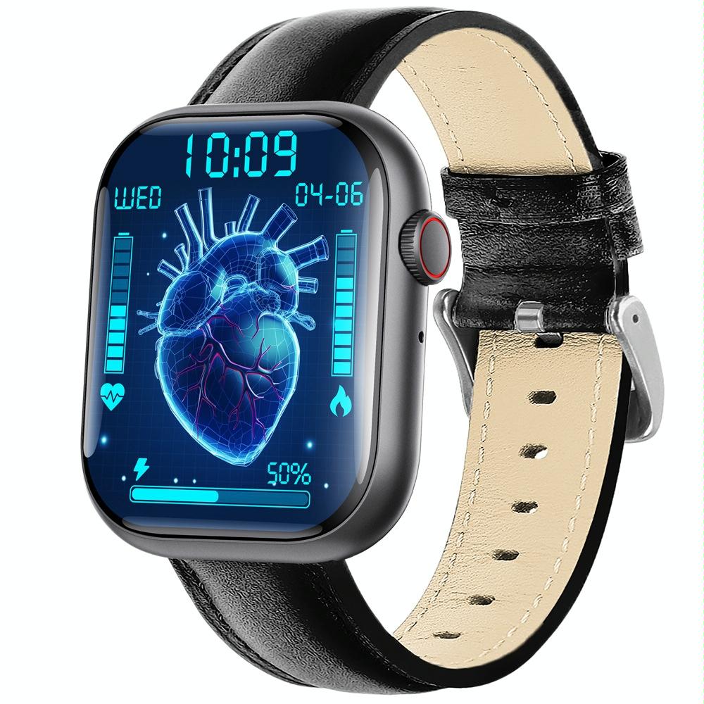 2.1 Inch Screen Smart Watch With Blood Sugar / Blood Oxygen Monitoring / Sos Alarm / 100+ Sports Modes - Black 3-Bead Steel - Black Leather