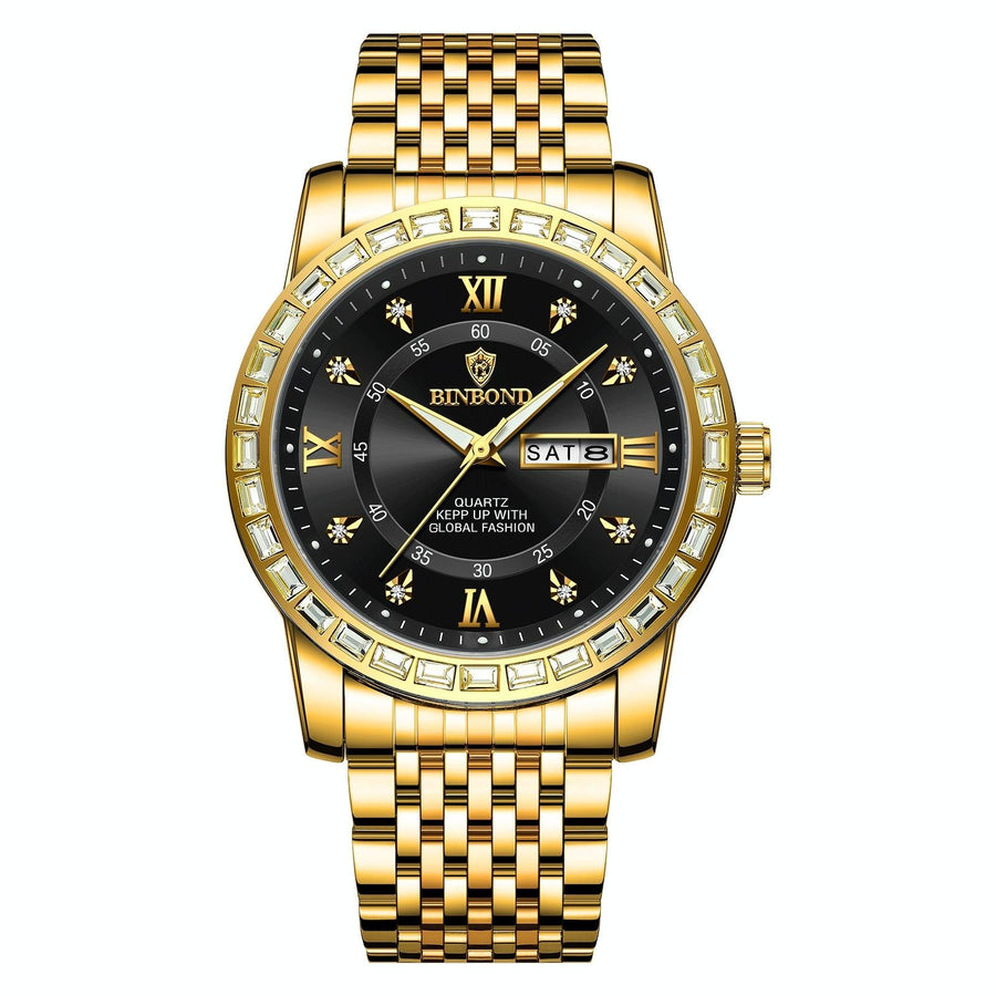 Diamond Dual-calendar Luminous Quartz Watch - B2202 - Full-Gold-Black