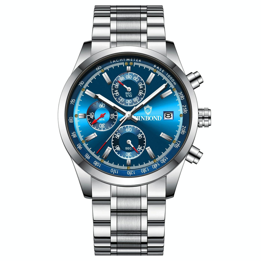 Waterproof Luminous Quartz Watch - Multifunctional 30m - White Steel-Blue