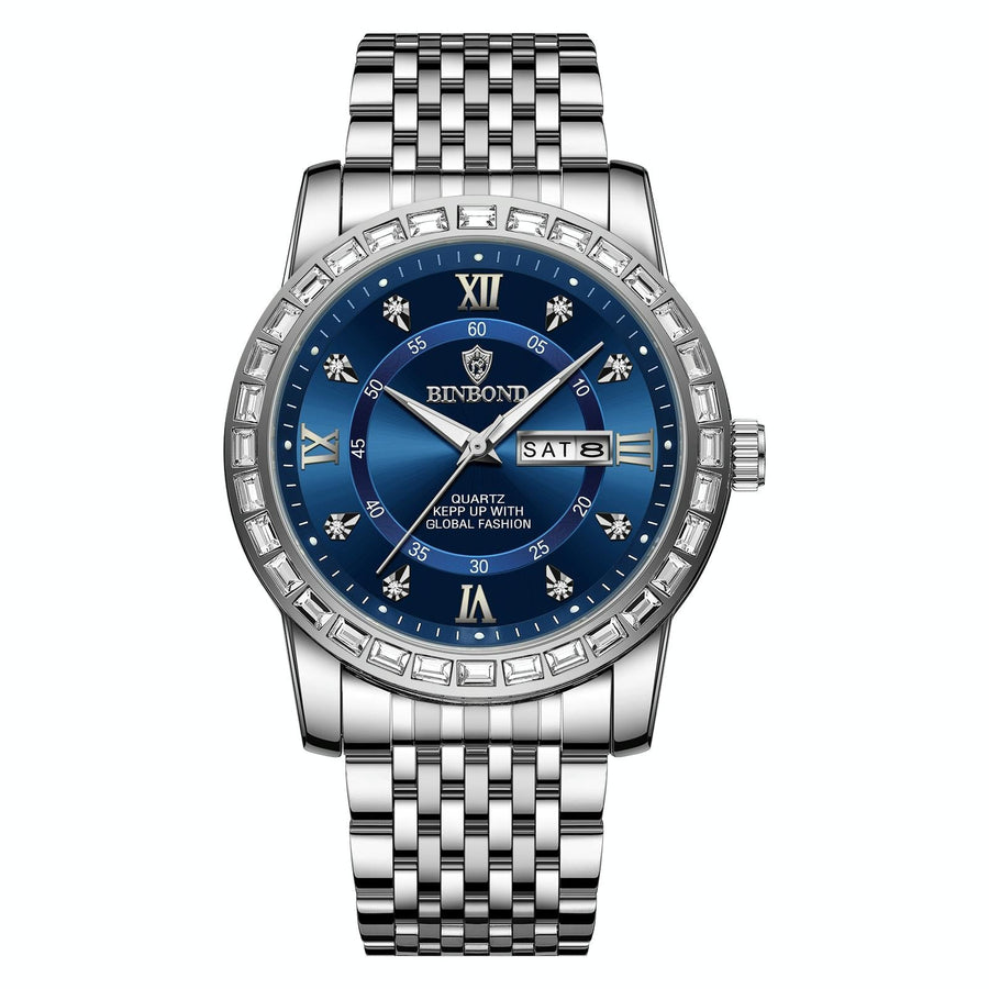 Diamond Dual-calendar Luminous Quartz Watch - B2202 - White Steel-Blue