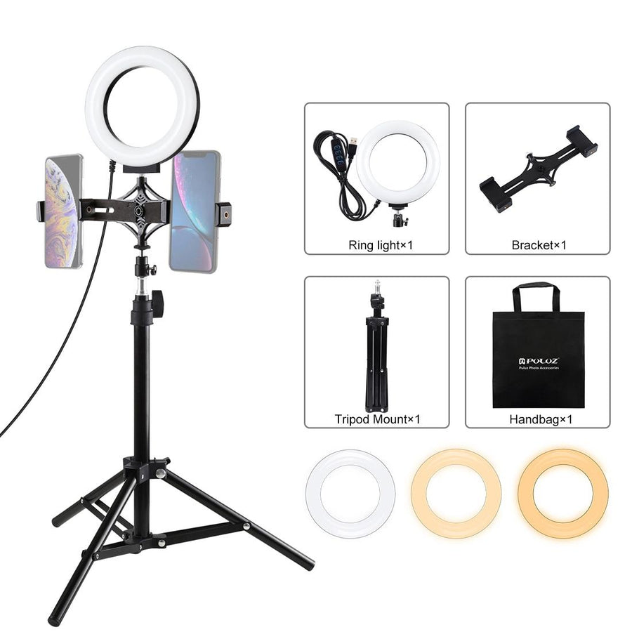 Live Broadcast Dual Phone Bracket with 70cm Tripod & 6.2 Inch 16cm Led Ring Light Kit