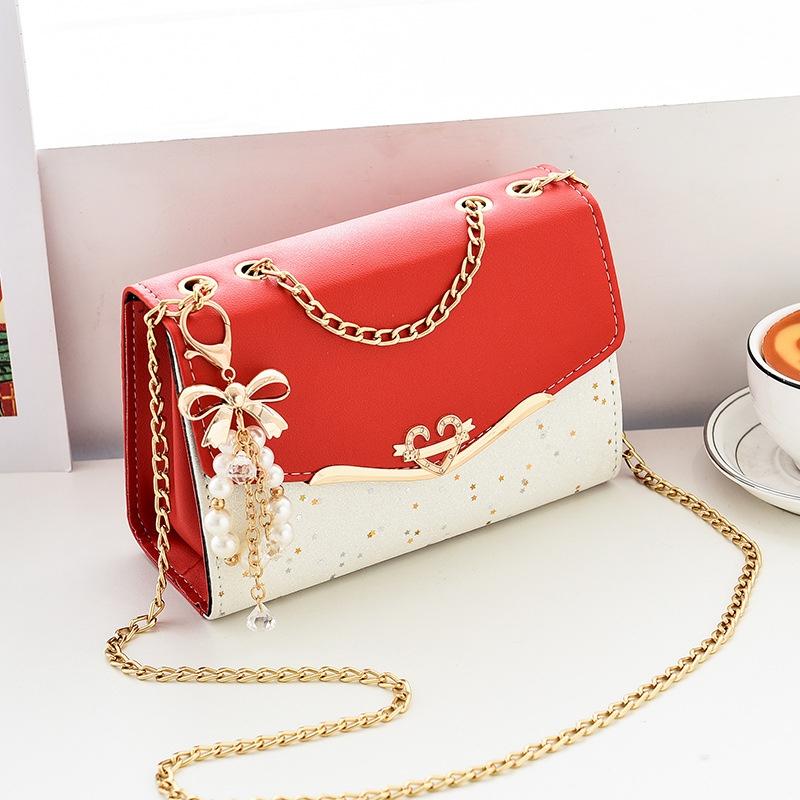 Sequined Messenger Shoulder Bag For Women Beige - Red With Pendant