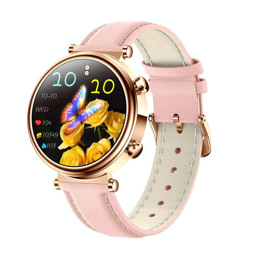 Women Smart Watch With Bt Call Health Tracking And Sos - Compact And Stylish - Rose Gold Pink Leather