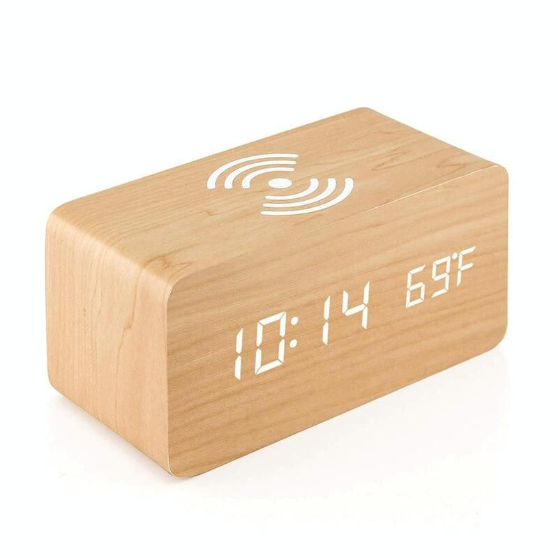 5W Wooden Wireless Charger With Led Mirror Display And Sub Alarm Clock - Bamboo