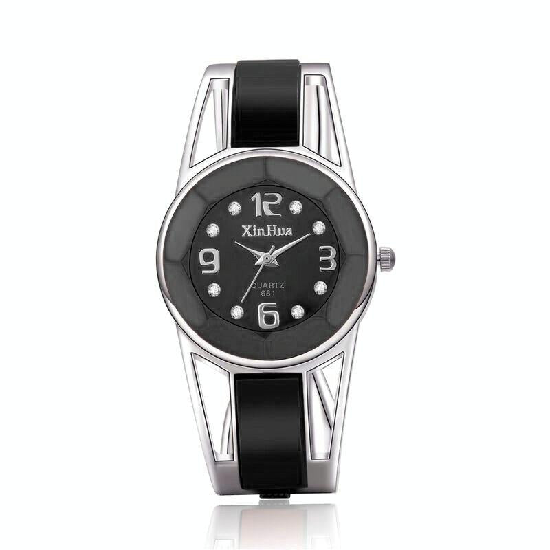 Stainless Steel Diamond Bracelet Watch for Women - Hollow Mirror Surface - Black
