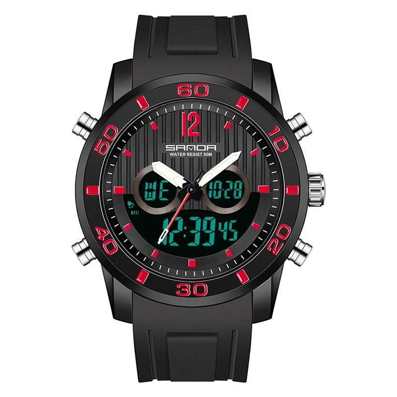 Men Outdoor Sports Shockproof Electronic Watch with Dual Digital Display and Luminous Feature - Black Red