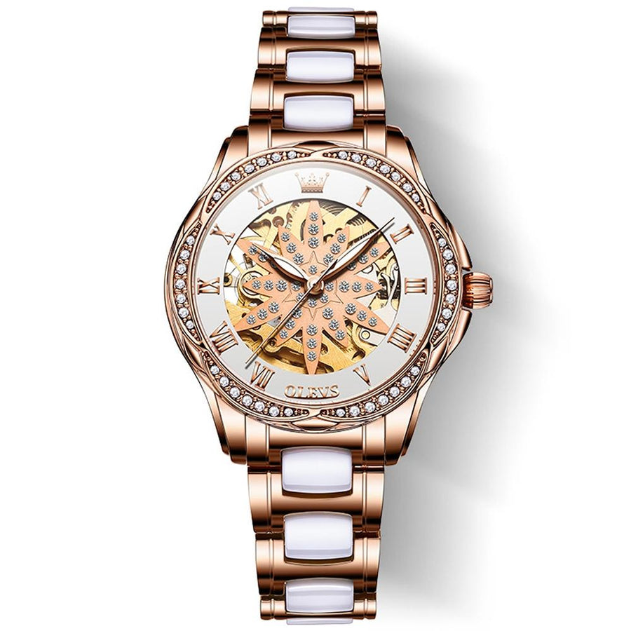 Women Waterproof Mechanical Watch with Ceramic Band - Multifunctional and Elegant