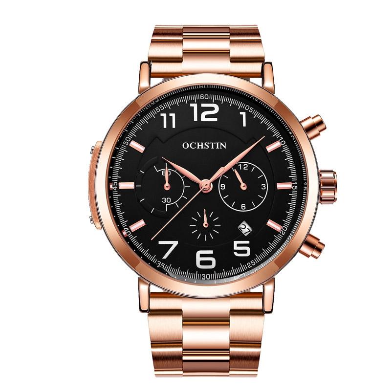 Men Multifunction Steel Quartz Watch with Steel Strap - Rose Gold Black