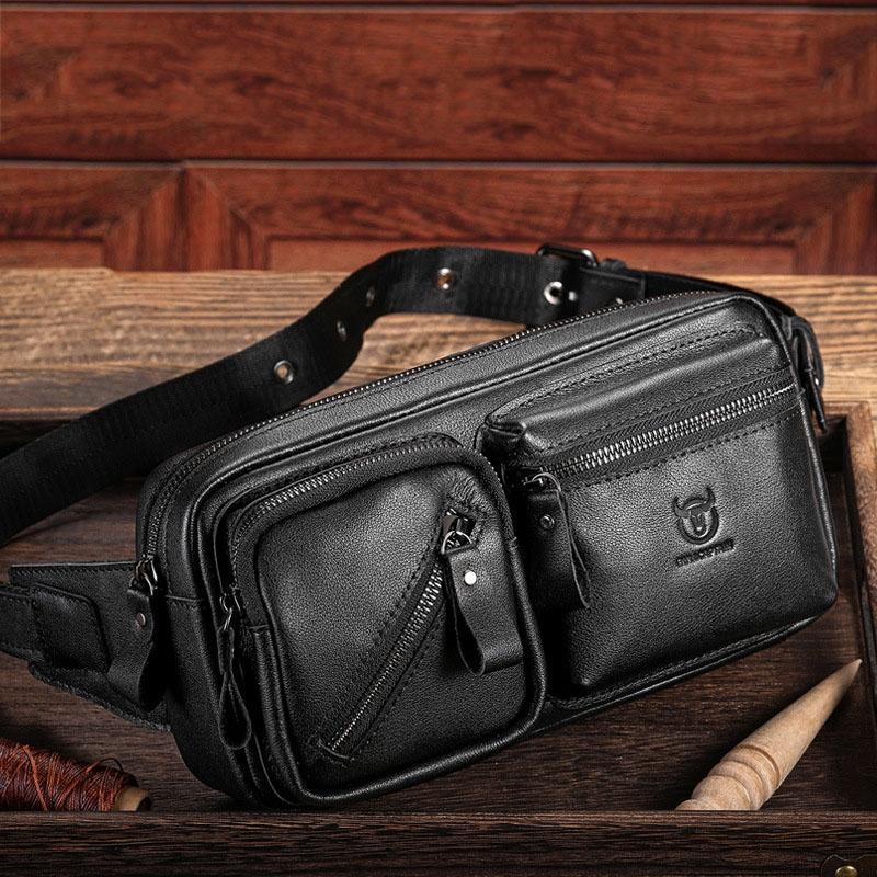 Large Capacity Retro Cowhide Crossbody Bag - Black