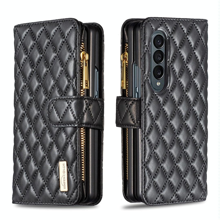 For Samsung Galaxy Z Fold4 5G Leather Zip Wallet - Diamond Lattice Design - Black