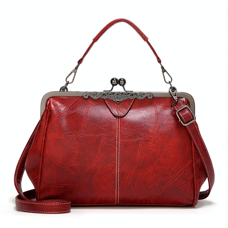 Adjustable Leather Crossbody Bag with Vintage Buckle - Red