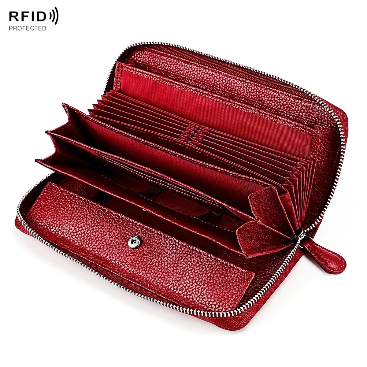 Stylish Rfid Clutch with Zipper - Lychee Texture - Red Wine
