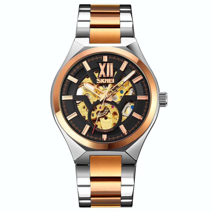 Men Automatic Mechanical Watch with Two-tone Stainless Steel Strap - Middle Rose Gold Shell Black Surface