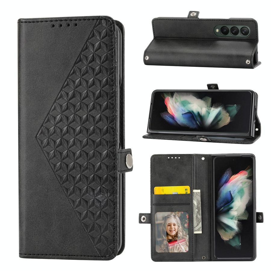 For Samsung Galaxy Z Fold4 5G Textured Leather Phone Case - Cubic Grid Design - Black