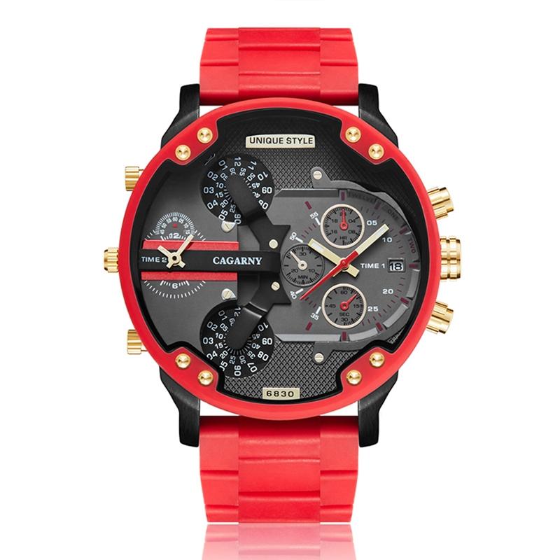 Men Red Rubberized Steel Band Watch with Dual Quartz Movement
