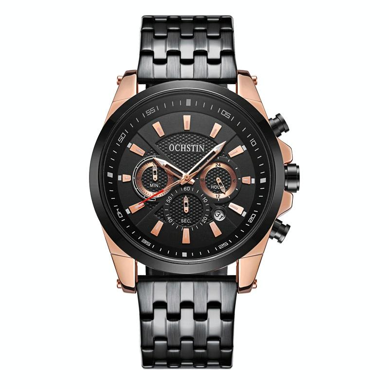 Multifunctional Steel Strap Men Watch - Fashionable Quartz - Black