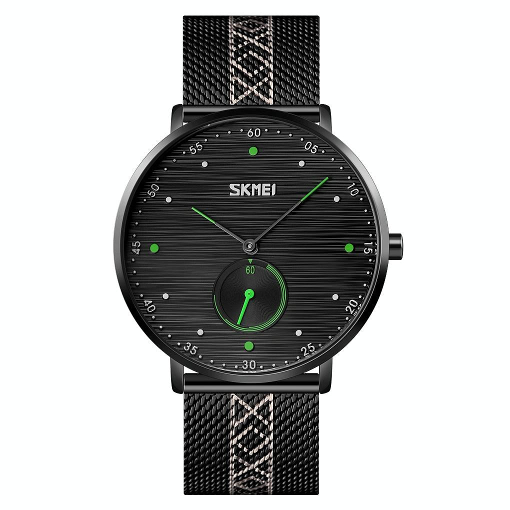 Men Striped Arabic Numeral Mesh Quartz Watch - Horizontal Design - Green