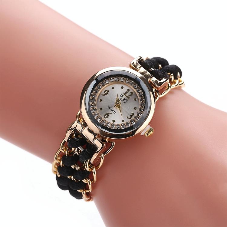 Quartz Wrist Watch with Knitting Rope Chain for Women - Black