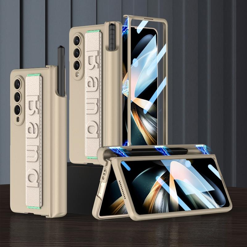 Samsung Galaxy z Fold 4 Shockproof Magnetic Fold Case with Wrist Strap - Gold