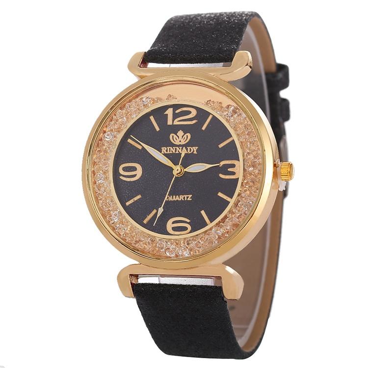 Gold Rhinestone Quartz Watch with Pu Leather Strap for Women - Black