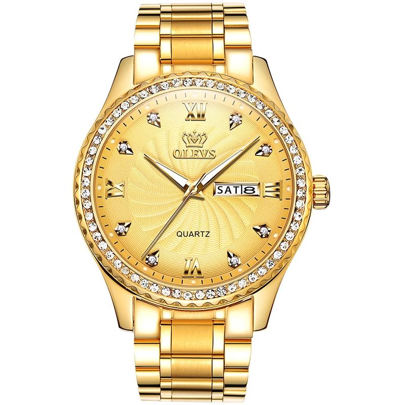 Waterproof Diamond Quartz Watch for Men with Stainless Steel Strap - Gold