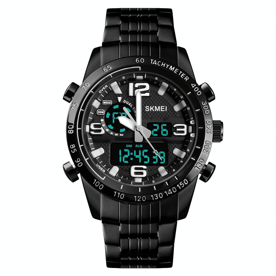 Waterproof Dual Movement Men Watch with Steel Strap - Black