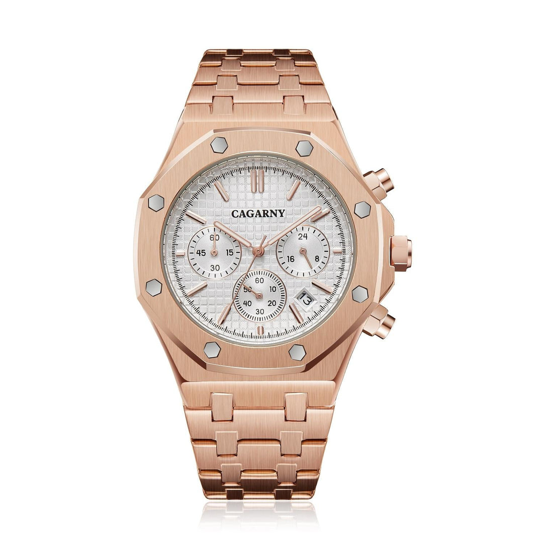 Men Simple Steel Quartz Watch with Band - 6835 - Rose Gold + White