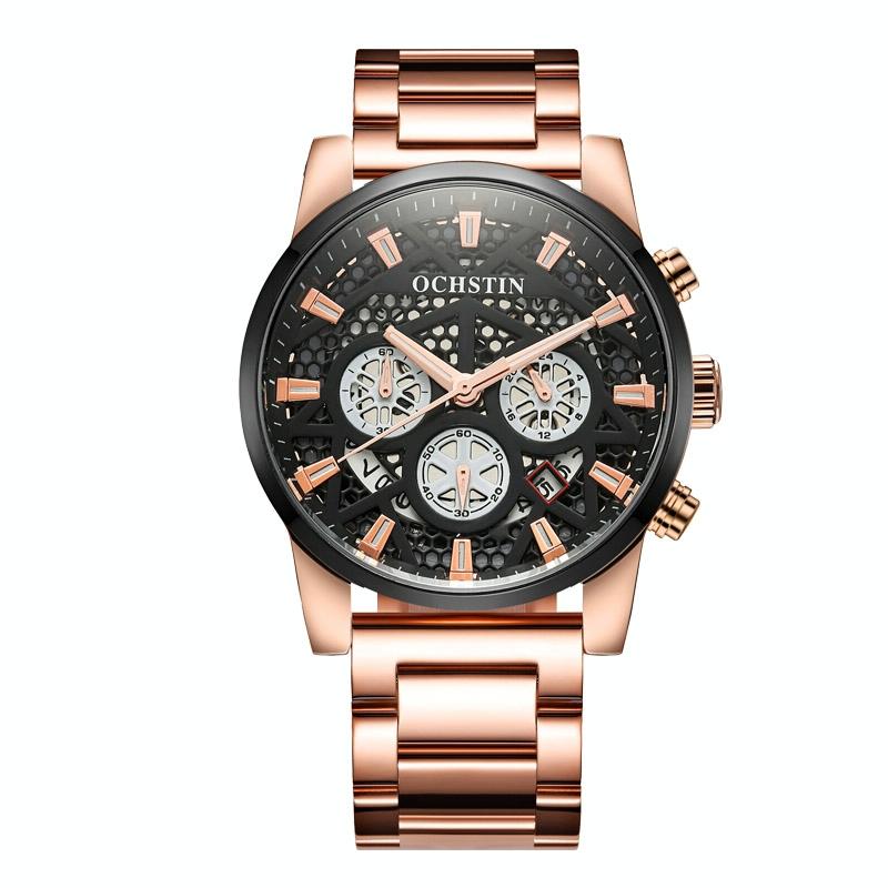 Waterproof Multifunctional Men Watch with Quartz Movement and Steel Strap - Rose Gold + Black