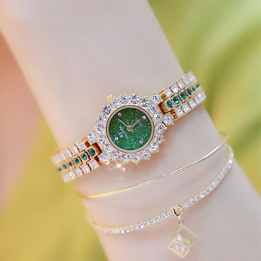 Sparkling Diamond Chain Watch for Women - Full of Elegance - Golden Green