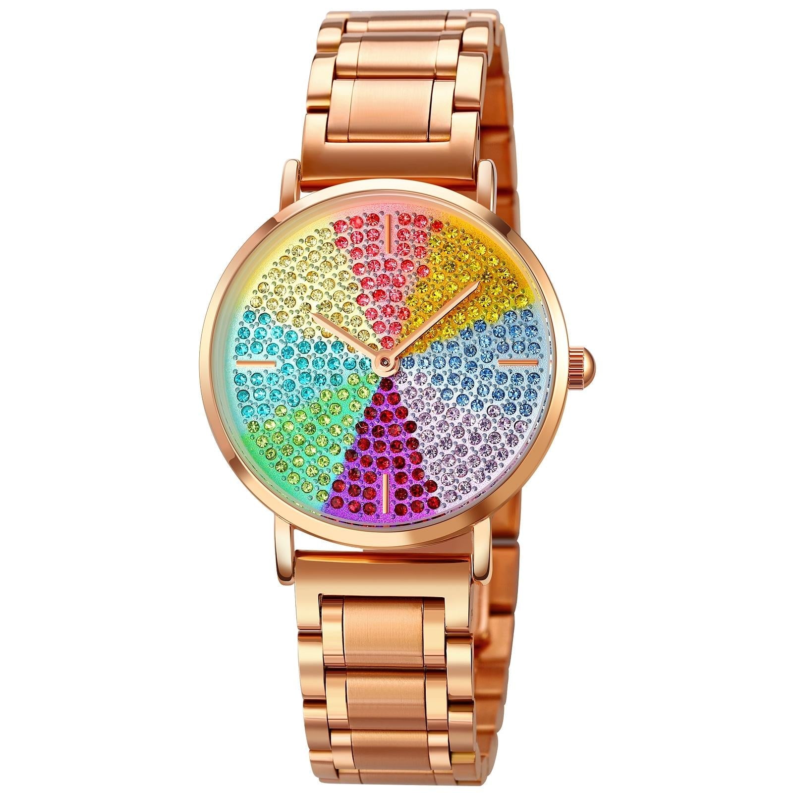 Women Rose Gold Steel Watch with Eight Colour Diamond Dial