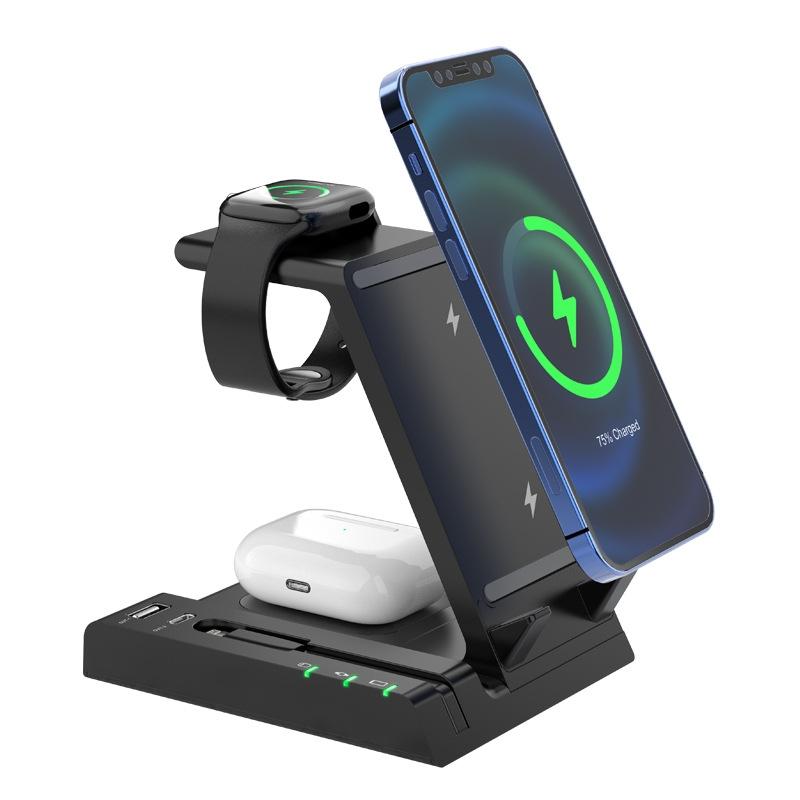 6 In 1 Wireless Charging Stand With Usb C Port & 8 Pin Cable - Black