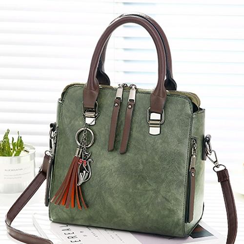 Designer Leather Crossbody Tote with Tassel for Women - Army Green