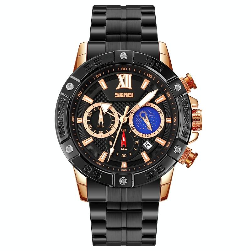 Stainless Steel Men Moonphase Quartz Watch with Strap - Gold Black