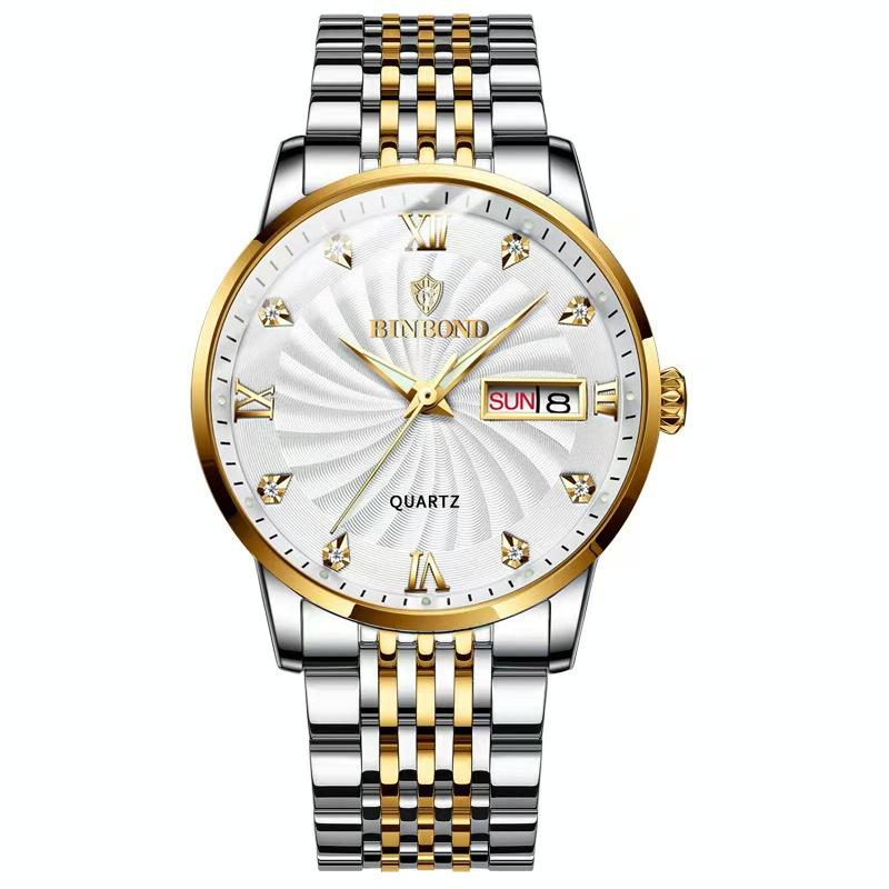Waterproof Business Men Quartz Watch with Butterfly Buckle and Luminous Dial - 30m - Inter-Gold-White