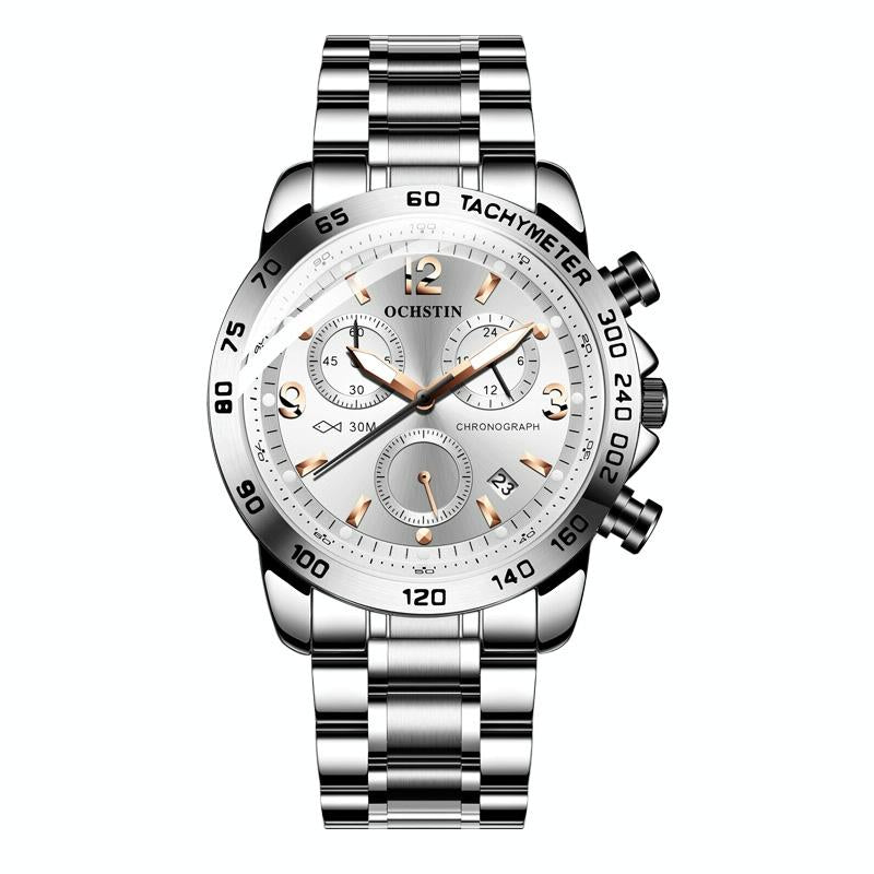Waterproof Luminous Men Watch with Steel Strap - Silver White