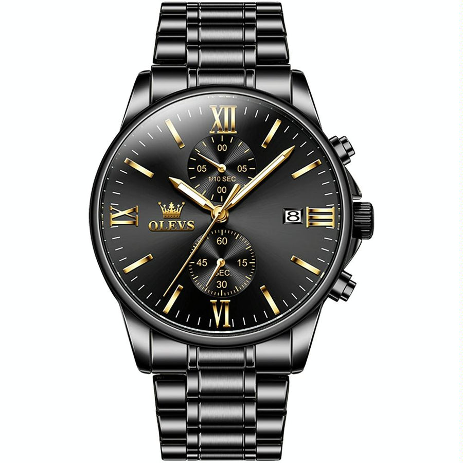 Waterproof Men Chronograph Quartz Watch with Luminous Dial - Black Gold Steel Strip