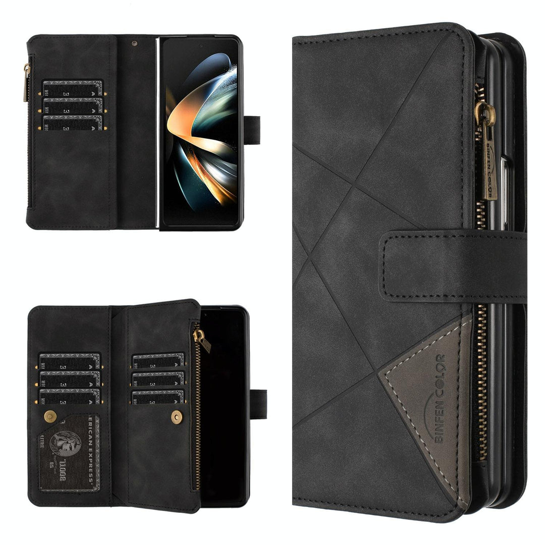 For Samsung Galaxy Z Fold4 5G Leather Zip Wallet With Rhombus Texture - Black