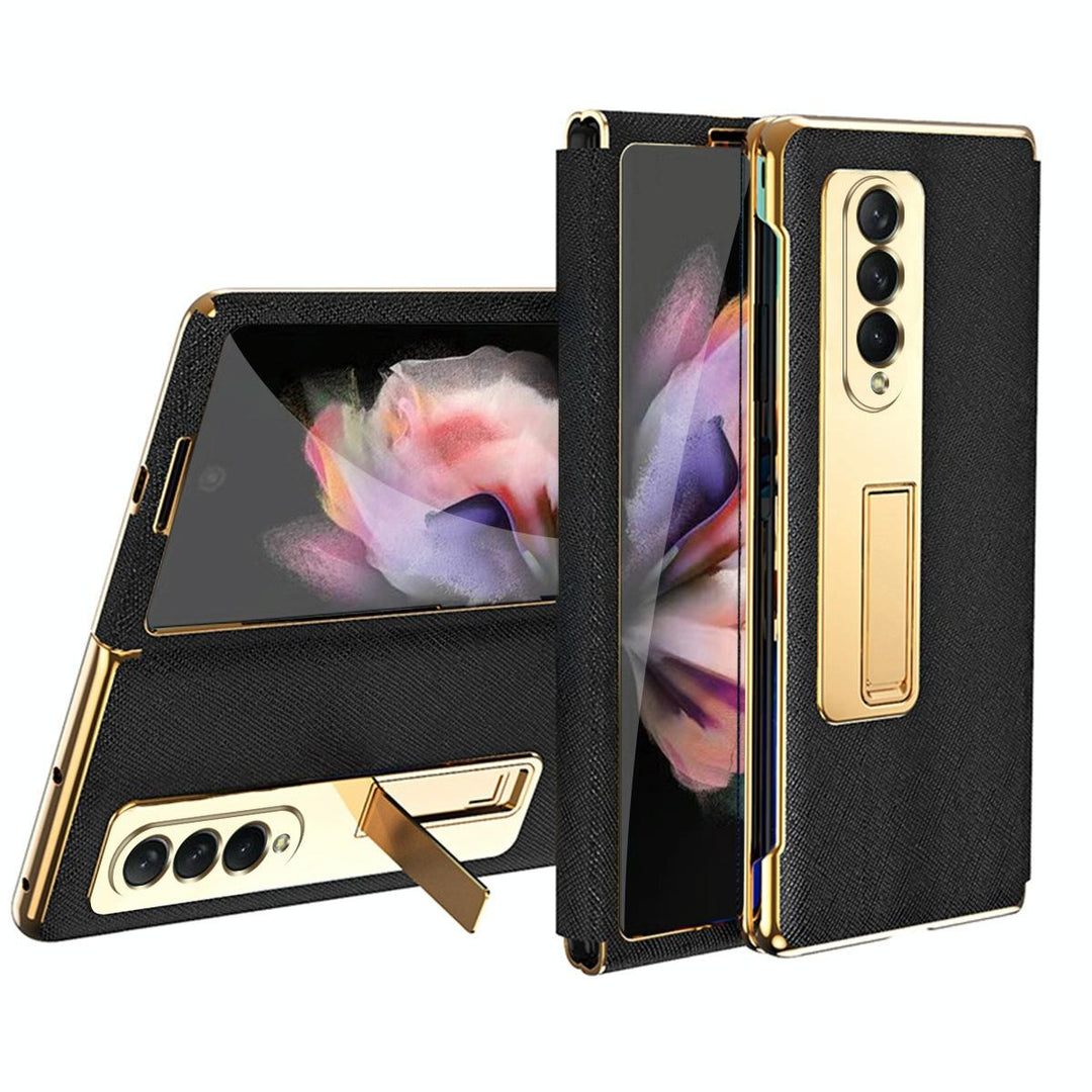 For Samsung Galaxy Z Fold4 5G Flip Case With Tempered Film - Textured Hinge - Black