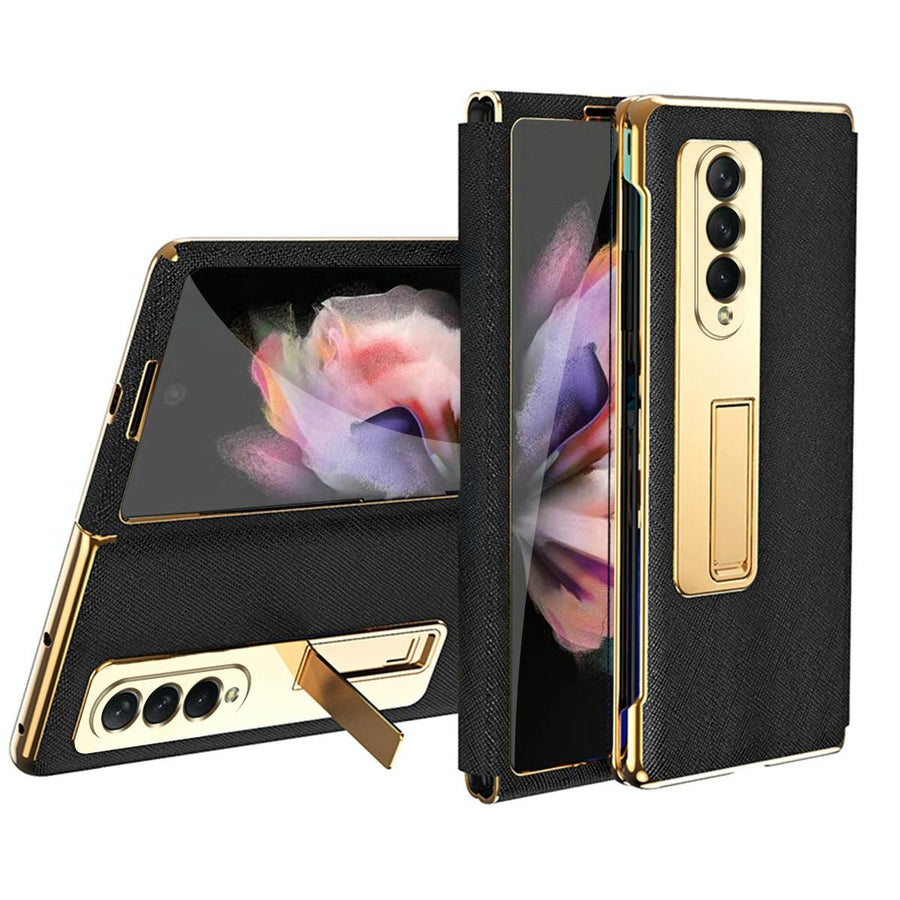 For Samsung Galaxy Z Fold4 5G Flip Case With Tempered Film - Textured Hinge - Black