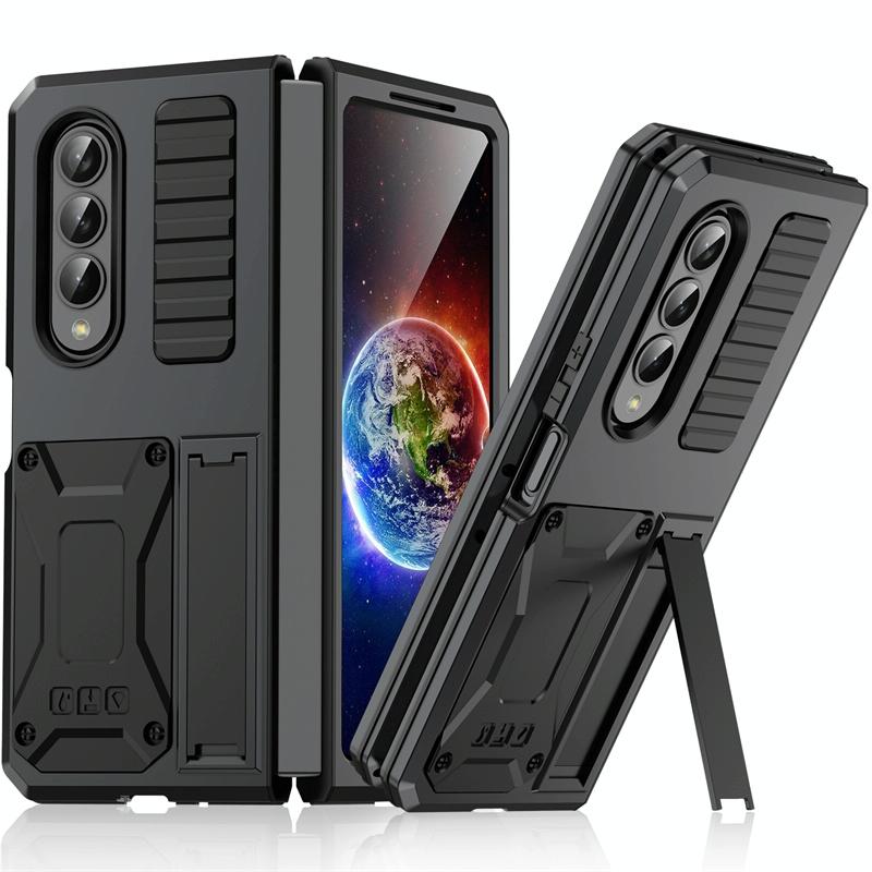 For Samsung Galaxy Z Fold4 5G Shockproof Metal Case With Holder - Black