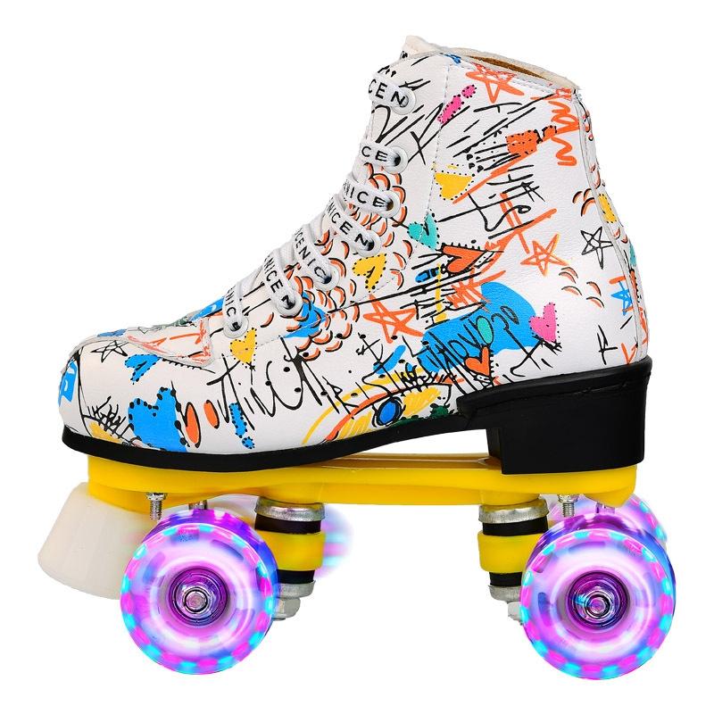 Double Row Four-wheel Roller Skating Shoes for Adult Children - Size 37 - Flash Wheel White