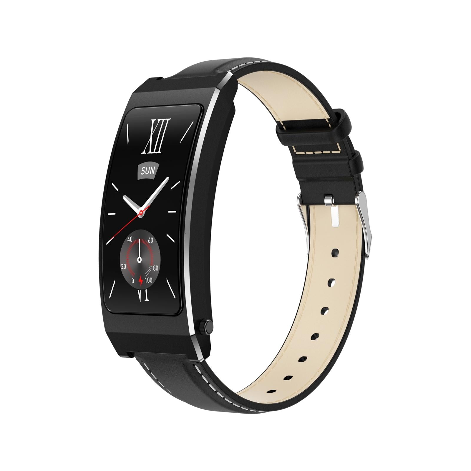 Smart Health Monitoring Bracelet With Bt Call And Leather Strap - Black Leather Strap