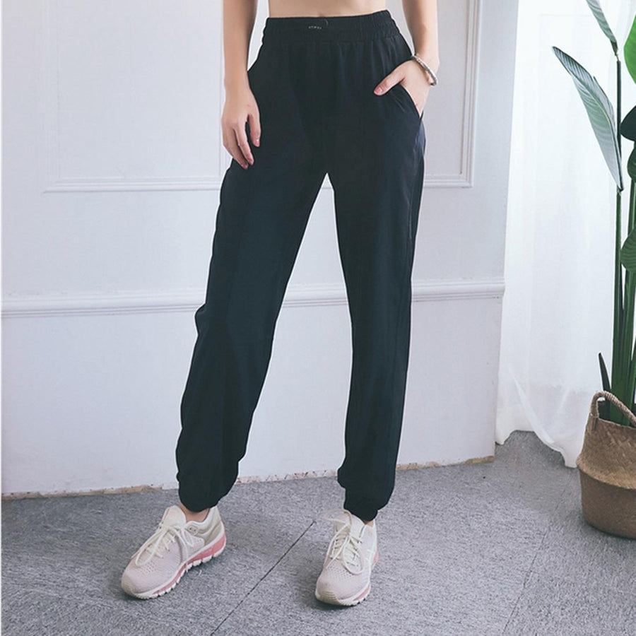 High Waist Drawstring Fitness Pants Black Size L - Black M