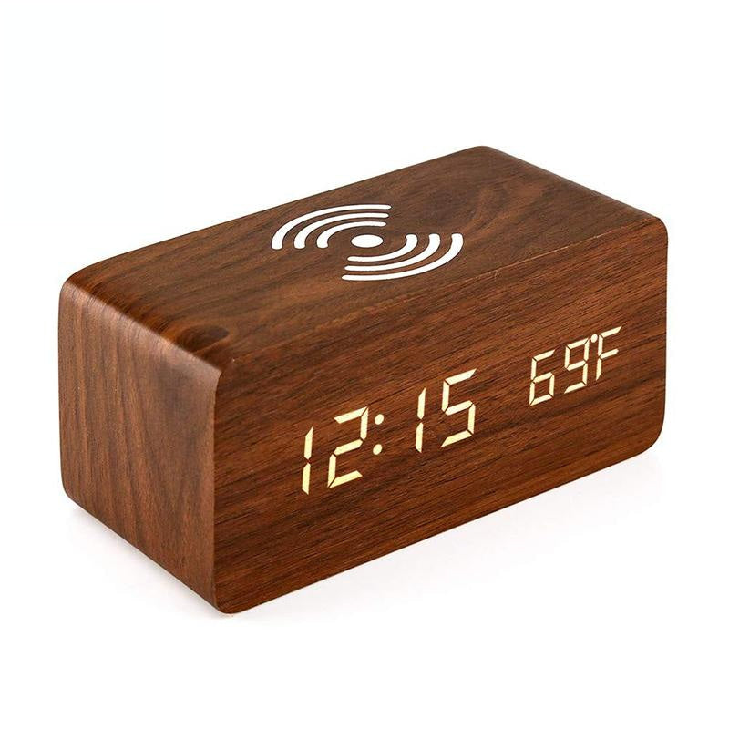 5W Wooden Wireless Charger With Led Mirror Display And Sub Alarm Clock - Rosewood