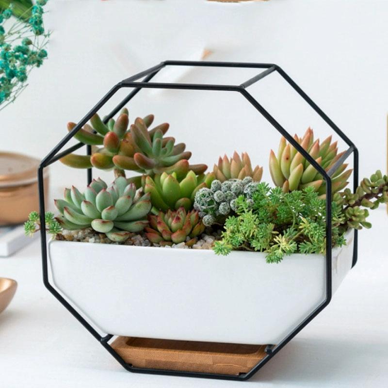 Geometric Wall Hanging Table with Bamboo Support and Iron Frame for Succulents - Black