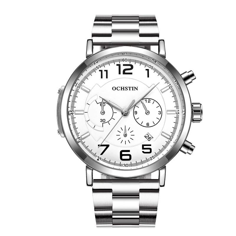 Men Multifunction Steel Quartz Watch with Steel Strap - Silver White