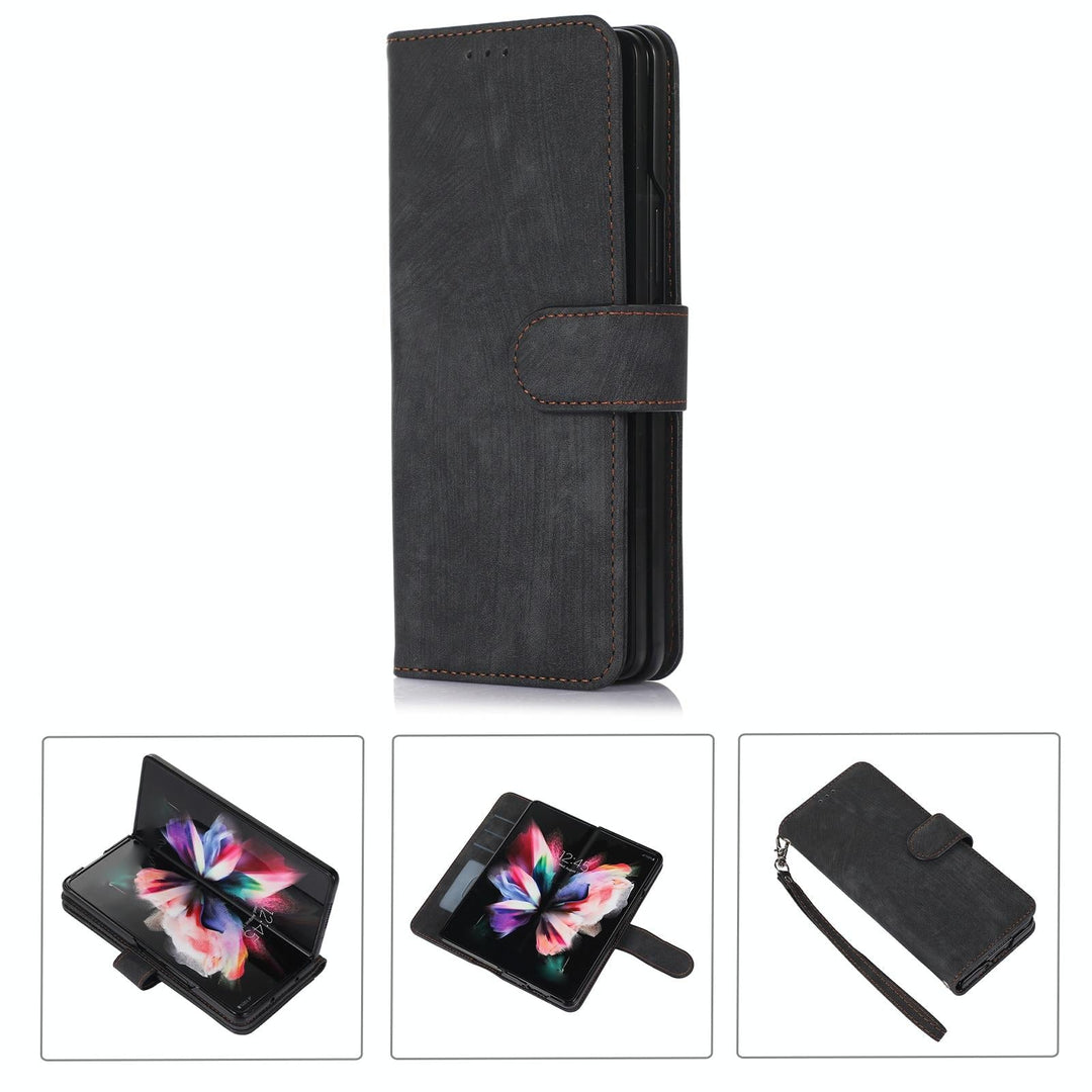 Samsung Galaxy z Fold 4 Leather Phone Case with Pen Slot - Horizontal Flip - Black