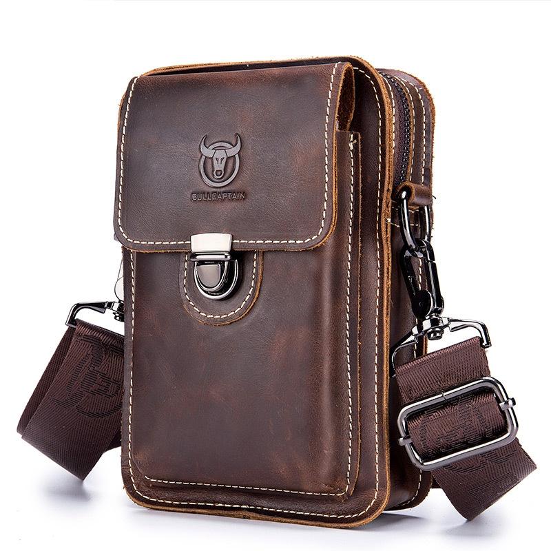 Men First Layer Cowhide Waist Bag Multi Function - Brown